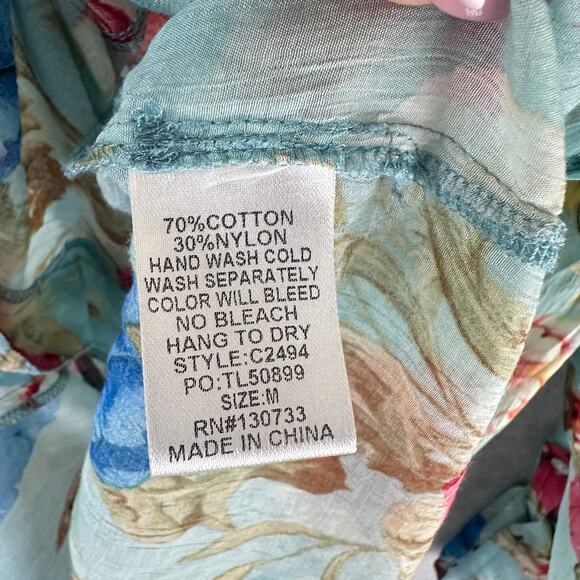 Umgee Floral Tunic Size Medium Blue Pink Sheer Blouse Button Up Beach Boho - Picture 7 of 11